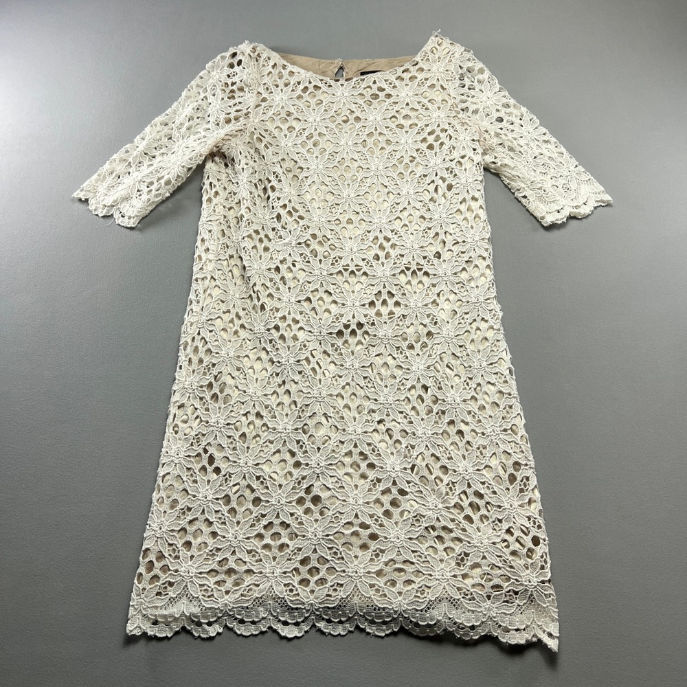 Jax Mini Dress Womens 8 Beige Geometric Crochet Lace Keyhole Back Minimalist